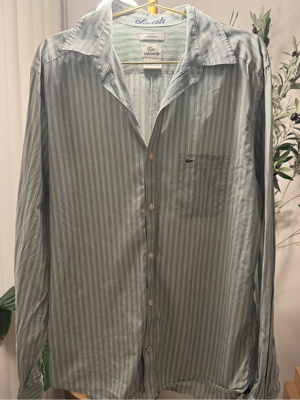 Lacoste Striped Light Green Button Up Shirt Size 40